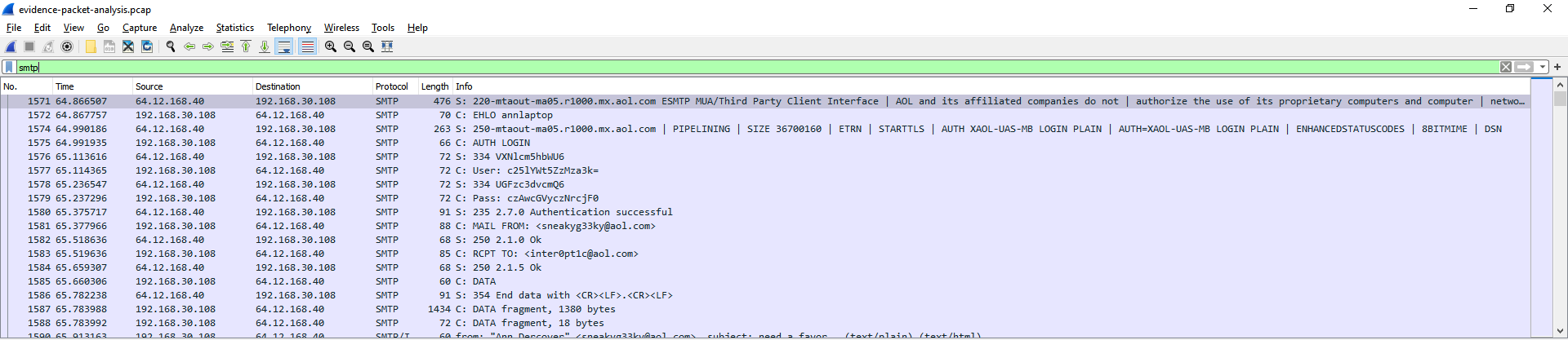 Packet List Pane using SMTP filter 